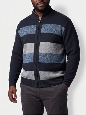 Therma Tek Men's XXL Fleece-Lined Striped Full-Zip Knitted Cardigan Sweater